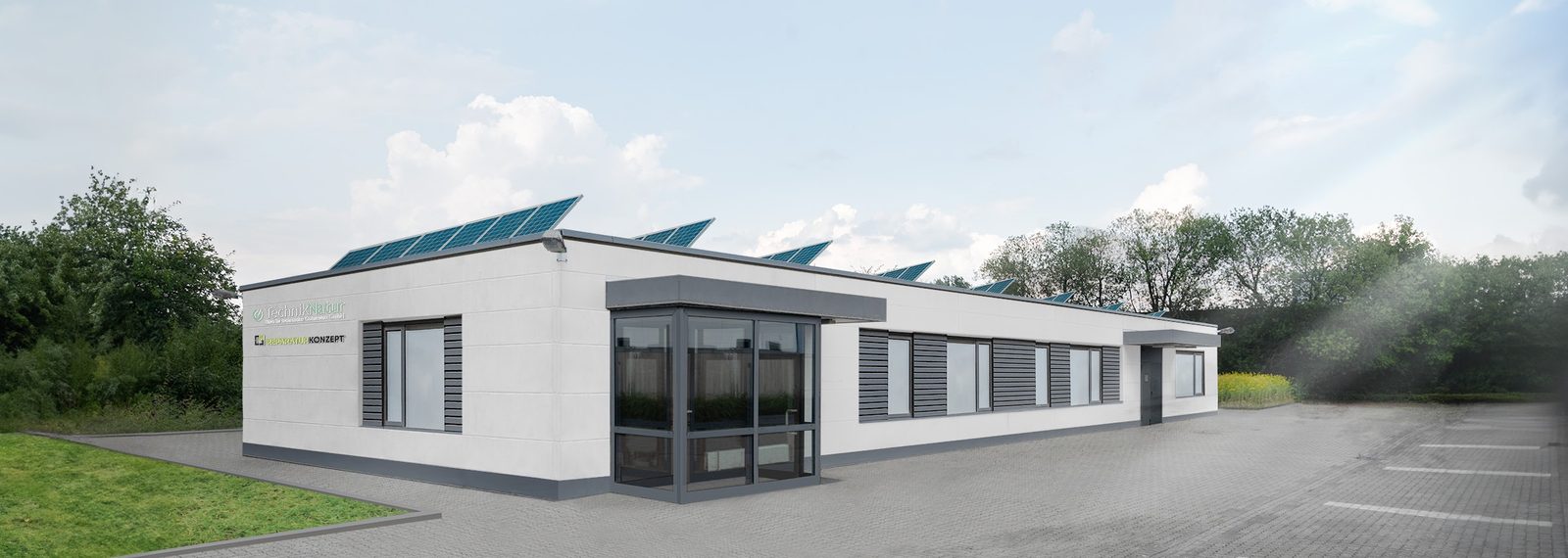 Firmensitz und Technikzentrum von Reparaturkonzept und Technik und Natur GmbH in Braunschweig – weißes Gebäude mit Photovoltaik auf dem Dach